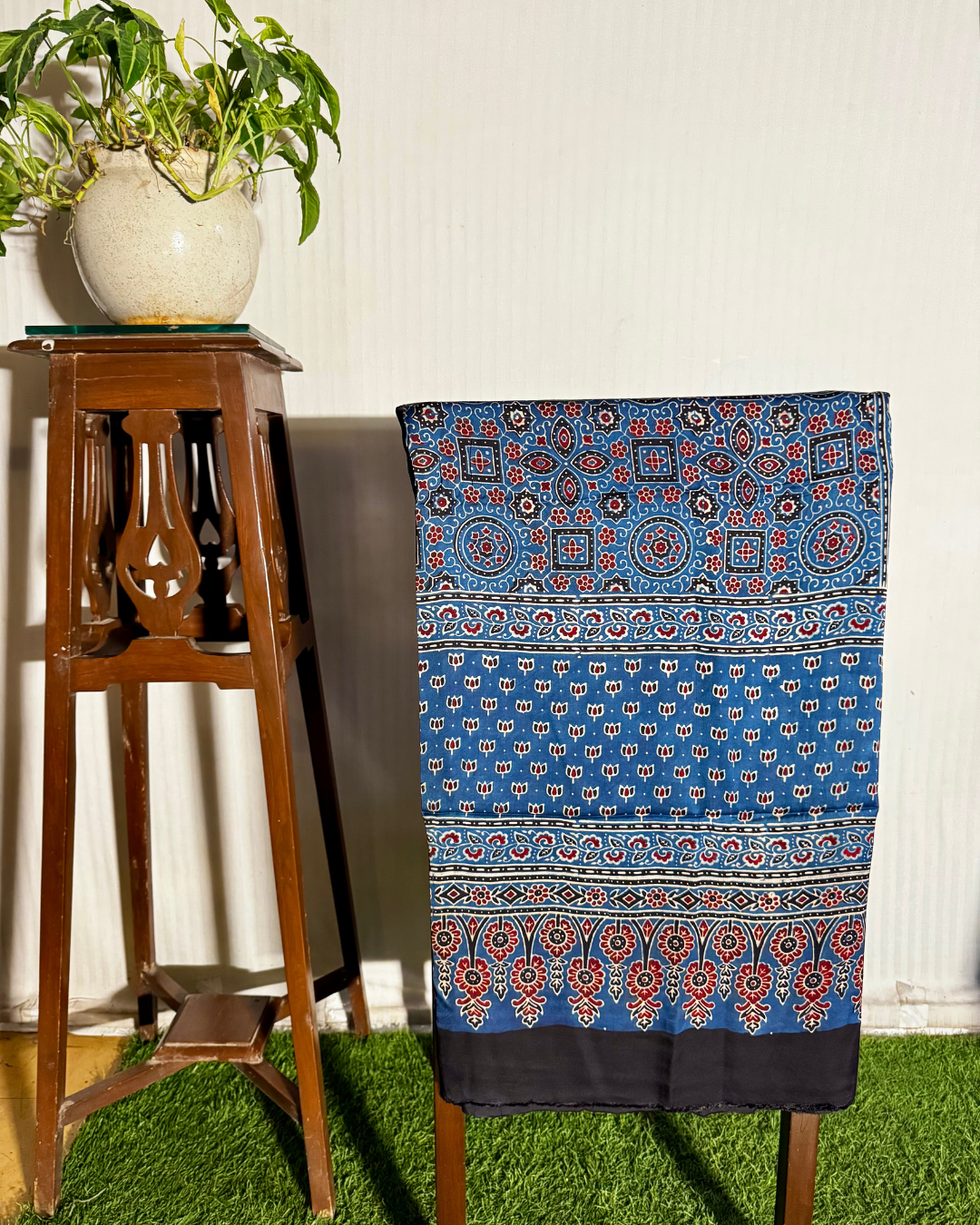 Blue & Black Ajrakh Unstitched Gajji Silk Dress Material Set