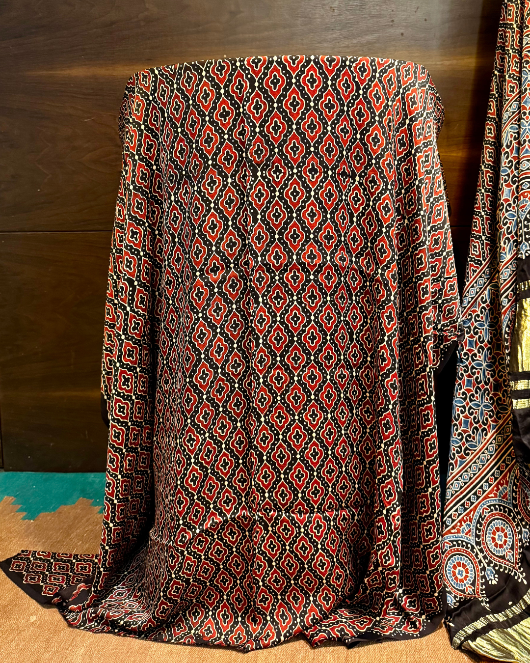 Red and Blue Ajrakh Unstitched Modal Silk Dress Material Set with Lagdi Patta Dupatta