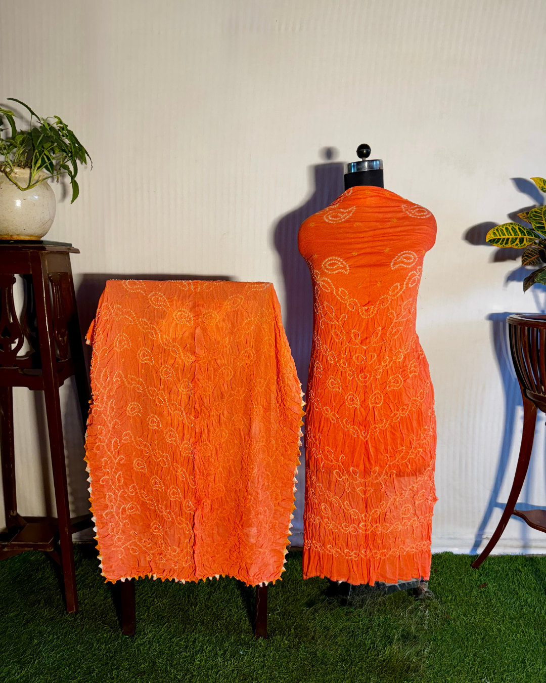 Bright Orange Bandhani Unstitched Crepe Silk Dress Material Set