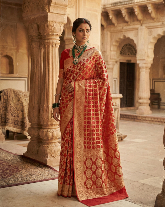 Pure Banarasi Georgette Red Bandhani Saree
