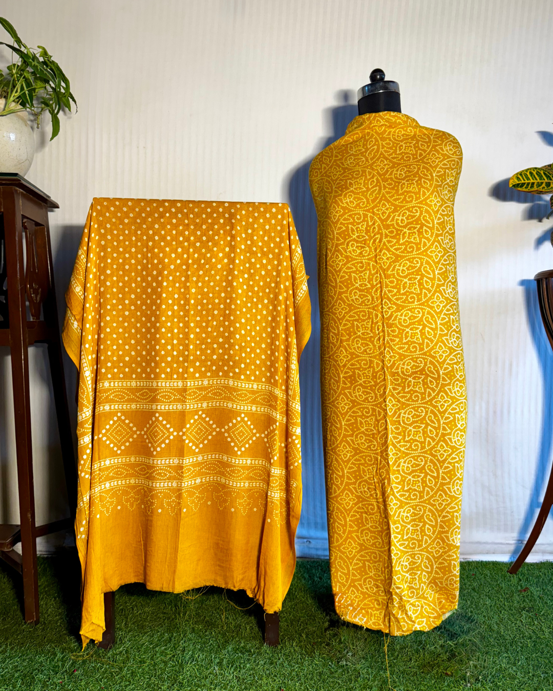 Yellow Bandhani Unstitched Cotton Dress Material Set