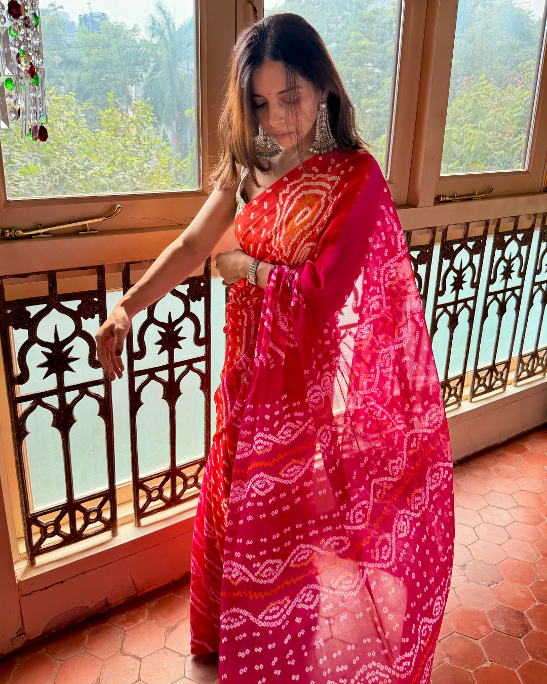 Hot Pink Bandhani Crepe Silk Saree