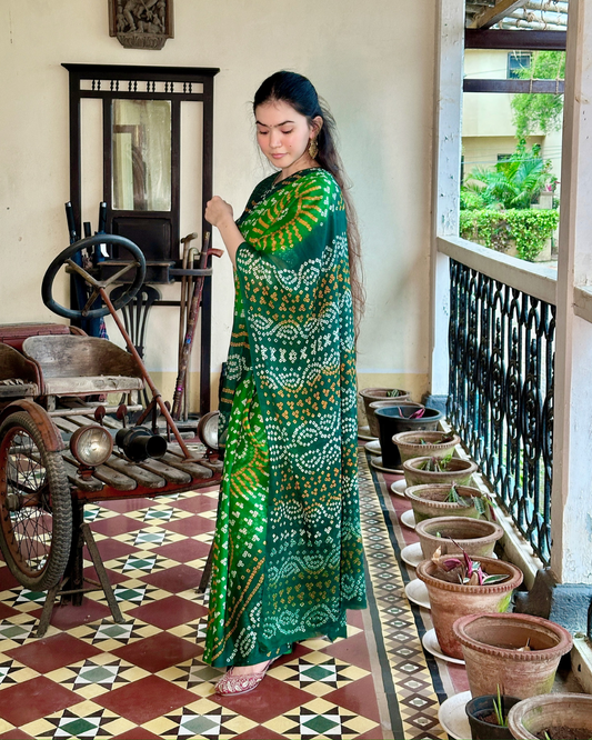Emerald Green Bandhani Crepe Silk Saree
