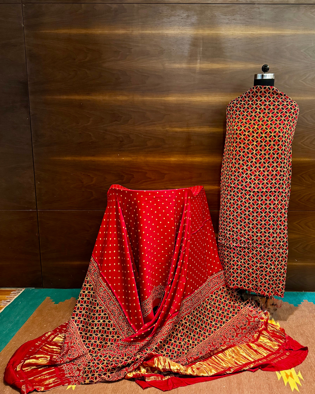 Pure Red Ajrakh Unstitched Modal Silk Dress Material Set with Lagdi Patti Dupatta