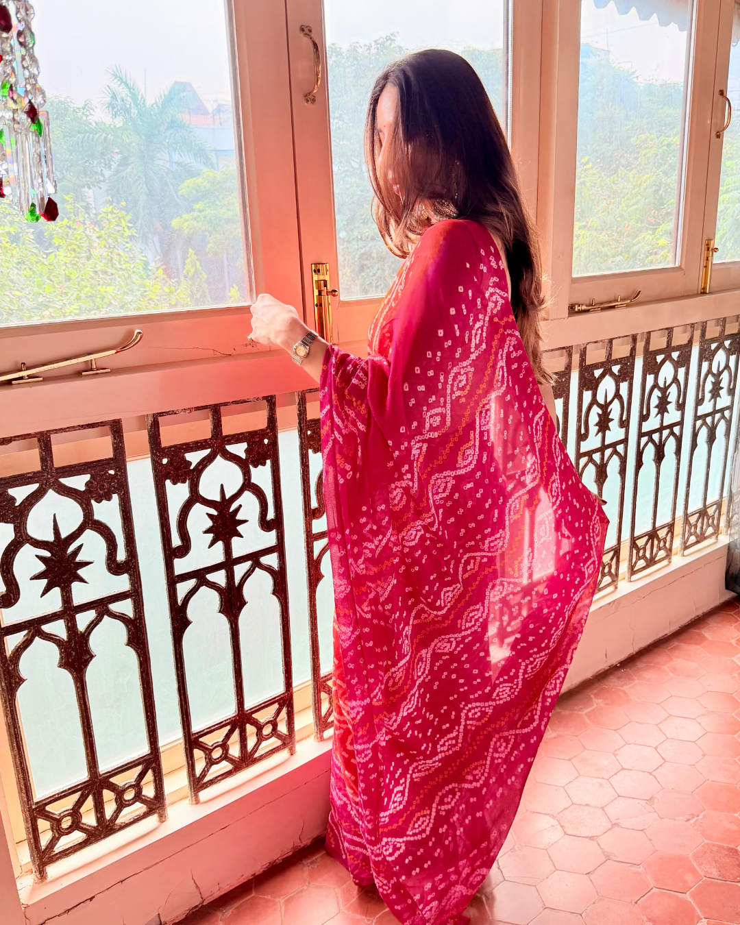 Hot Pink Bandhani Crepe Silk Saree