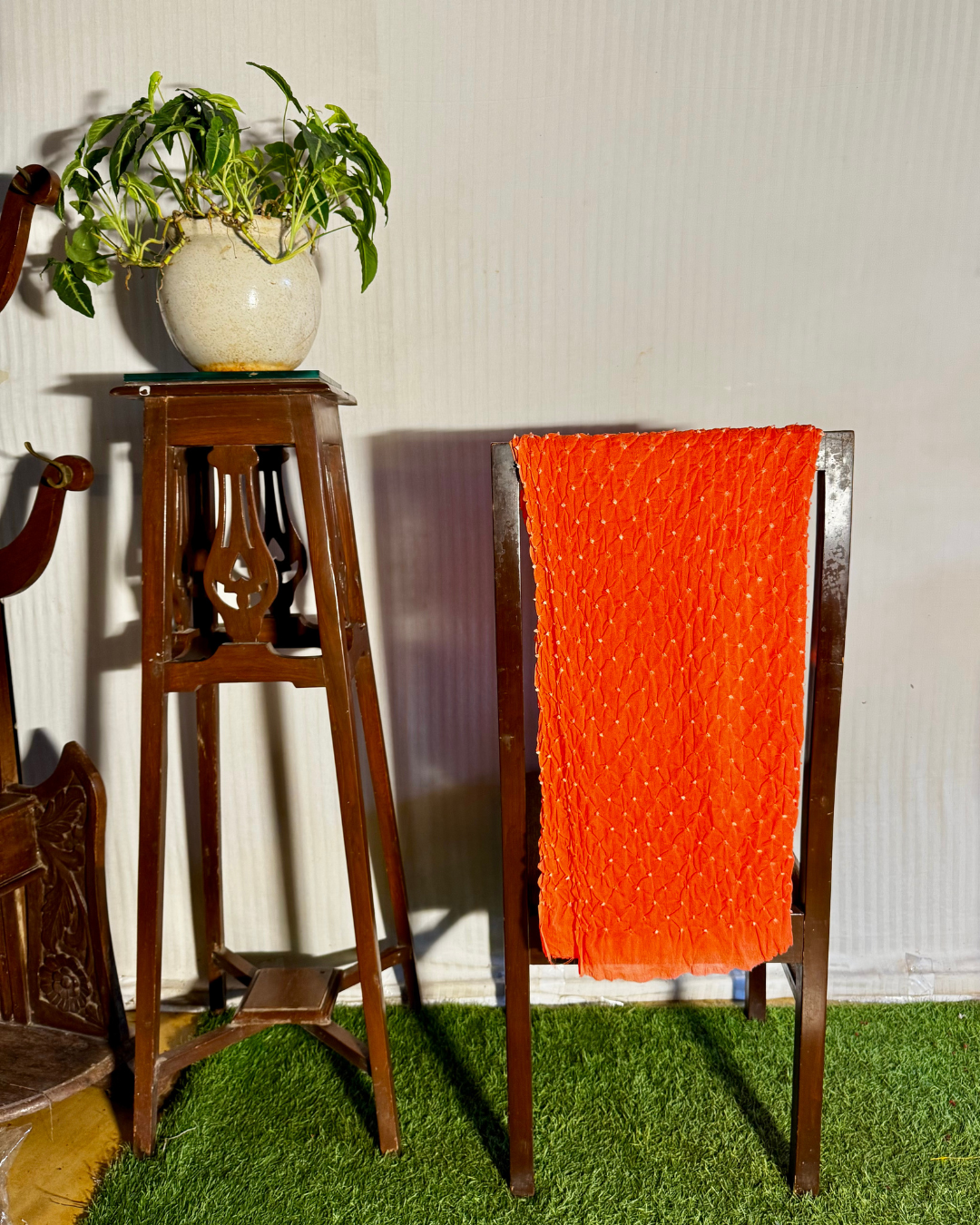 Bright Orange Bandhani Unstitched Crepe Silk Dress Material Set