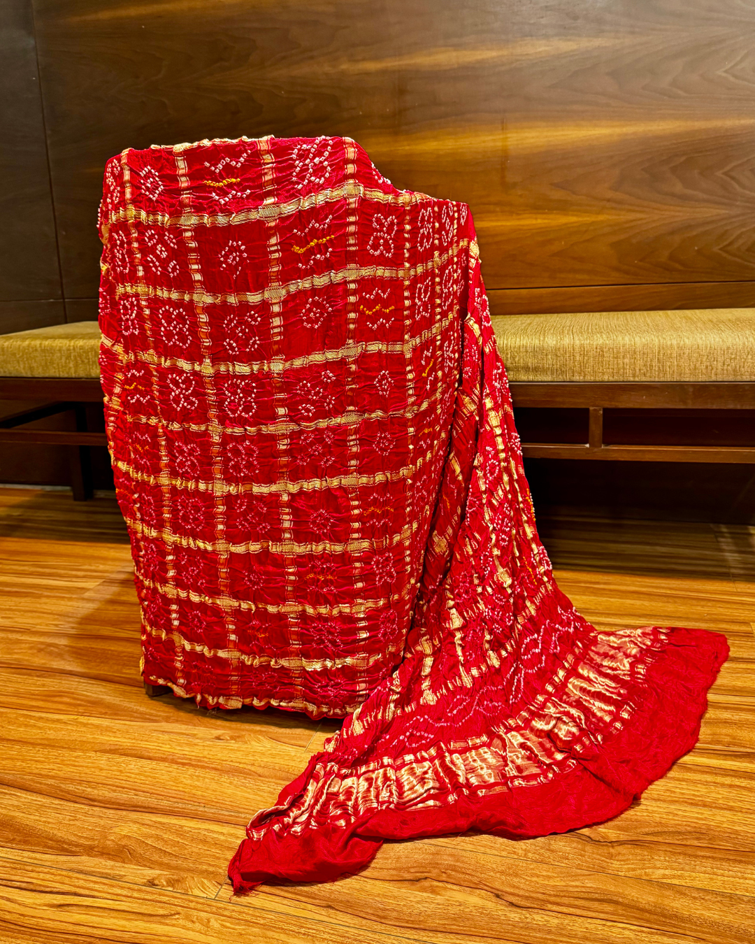 Red Bandhani Gajji Silk Gharchola Dupatta with Lagdi Patta