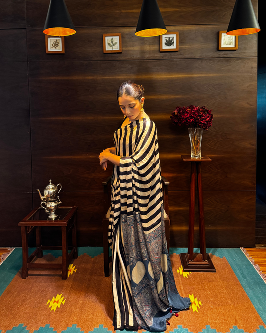 Ajrakh Striped Modal Silk Saree