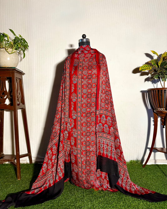 Red Ajrakh Unstitched Gajji Silk Dress Material Set