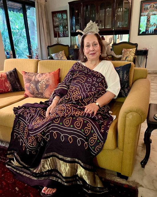 Deep Aubergine Gajji Silk Bandhani Dupatta with Lagdi Patta