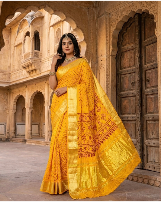 Pure Gajji Silk Yellow Bandhani Saree with Lagdi Patta