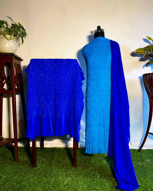 Blue Bandhani Unstitched Crepe Silk Dress Material Set