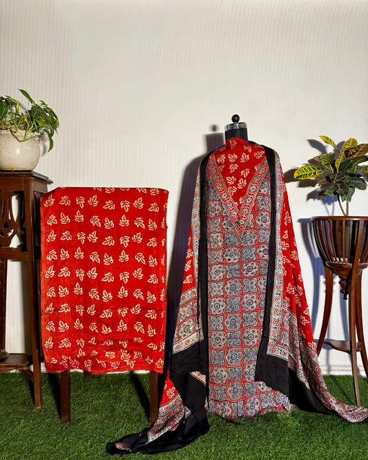 Red & Grey Ajrakh Unstitched Gajji Silk Dress Material Set