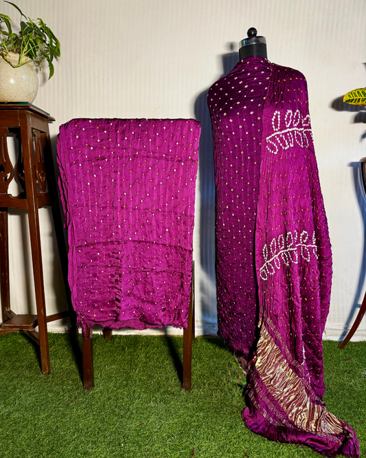 Purple Bandhani Unstitched Gajji Silk Dress Material Set with Lagdi Patti Dupatta