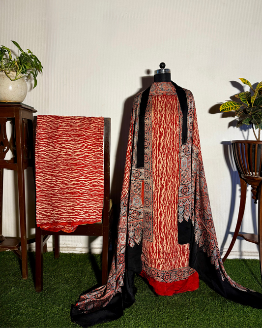 Deep Red Ajrakh Unstitched Gajji Silk Dress Material Set