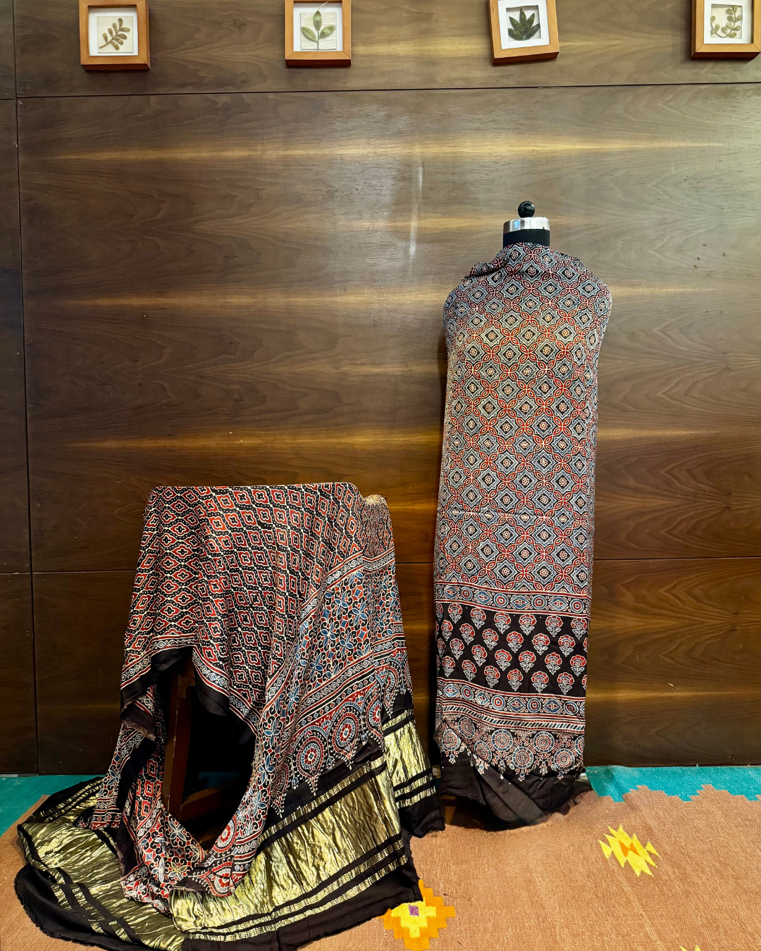 Red and Blue Ajrakh Unstitched Modal Silk Dress Material Set with Lagdi Patta Dupatta