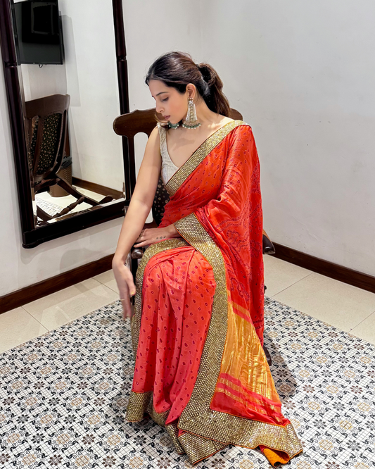Pure Georgette Bandhani Saree with Golden Border