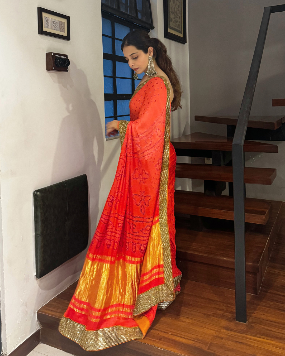 Pure Georgette Bandhani Saree with Golden Border