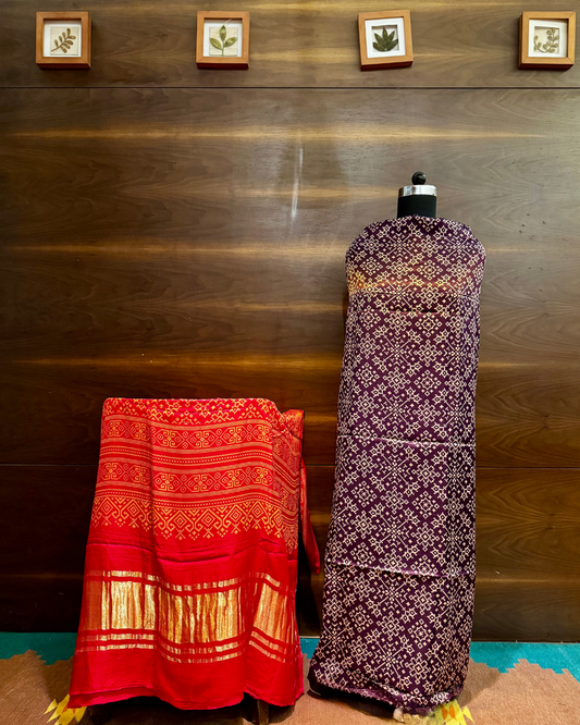 Red and Purple Ajrakh Unstitched Modal Silk Dress Material Set with Lagdi Patti Dupatta