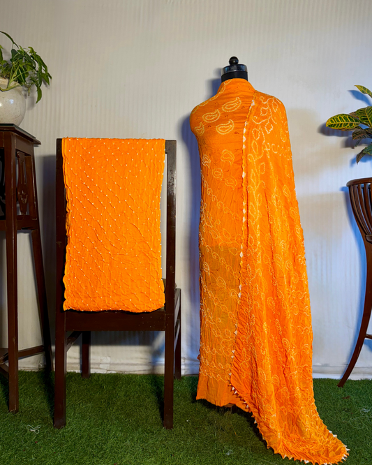 Light Orange Bandhani Unstitched Crepe Silk Dress Material Set