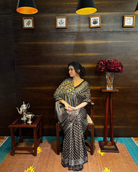 Ajrakh Block Print Black Modal Silk Saree