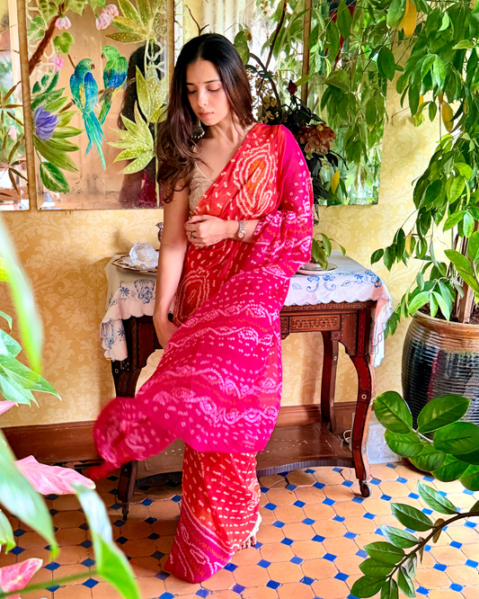 Hot Pink Bandhani Crepe Silk Saree