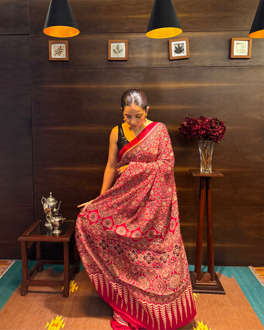 Ajrakh Block Printed Cotton Silk Saree