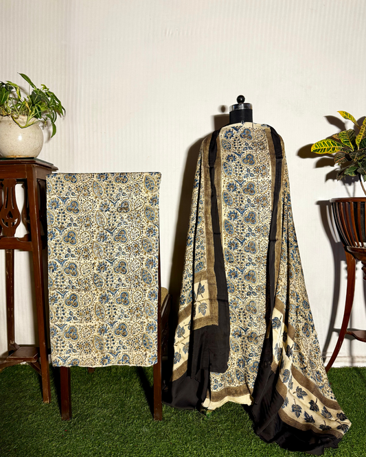 Off White & Blue Ajrakh Unstitched Gajji Silk Dress Material Set
