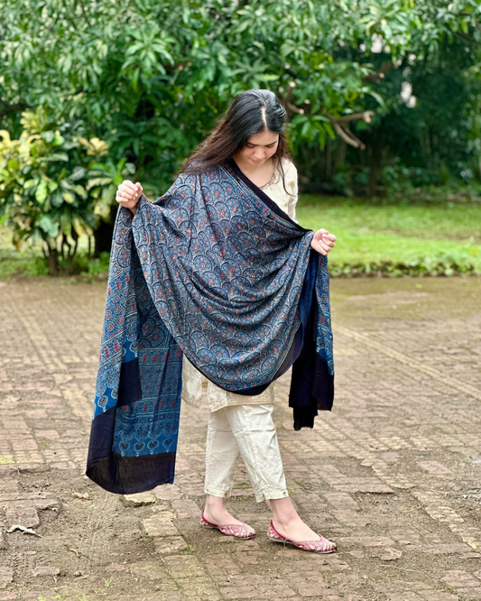 Indigo Gajji Silk Ajrakh Handblock Dupatta