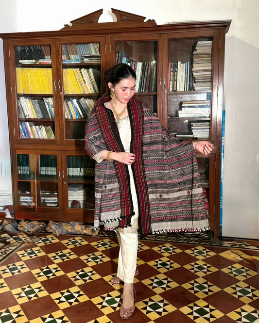 Handwoven Kutchi Woollen Shawl in Black, Red & Grey