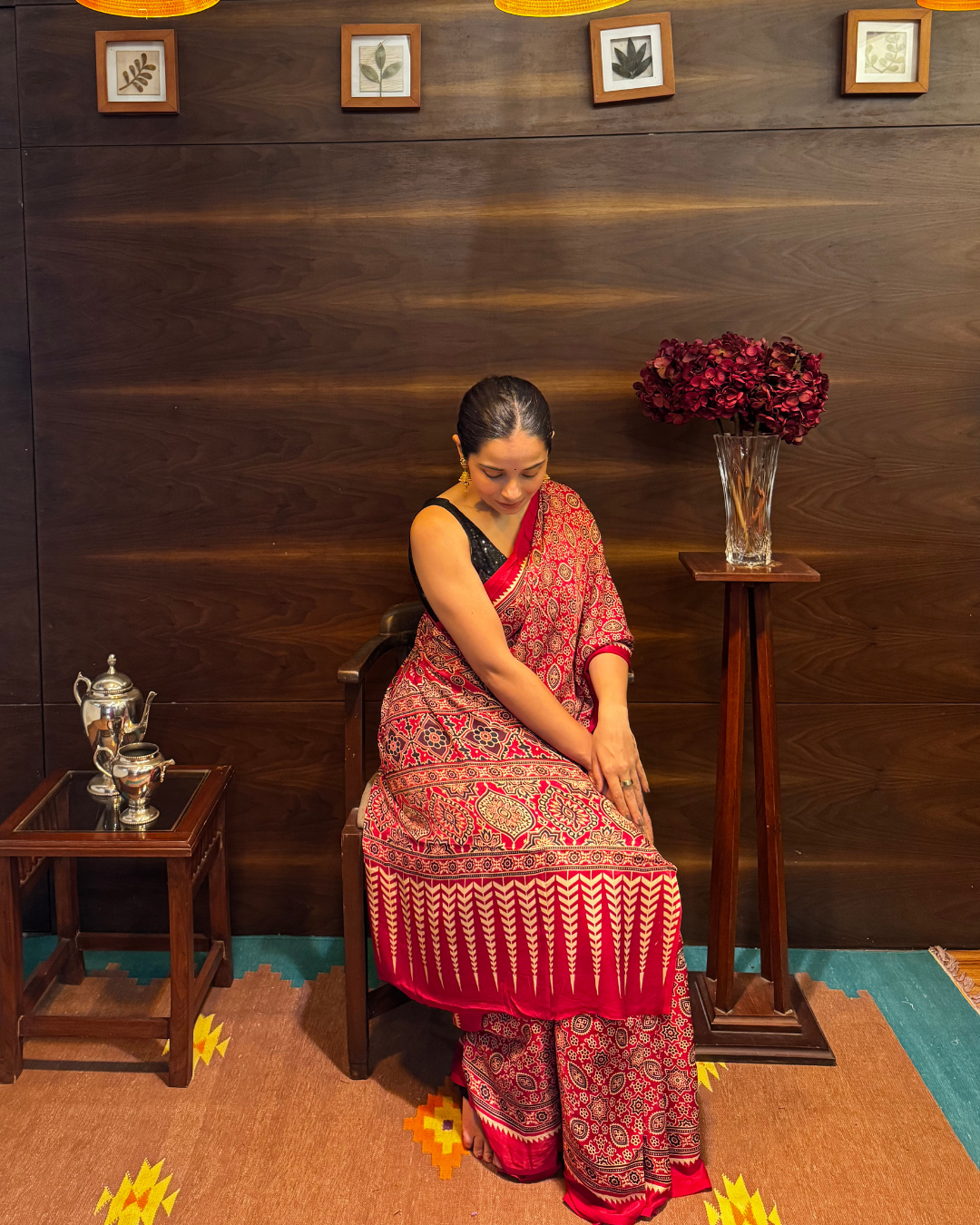 Ajrakh Block Printed Cotton Silk Saree