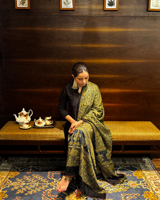 Green Ajrakh Gajji Silk Dupatta