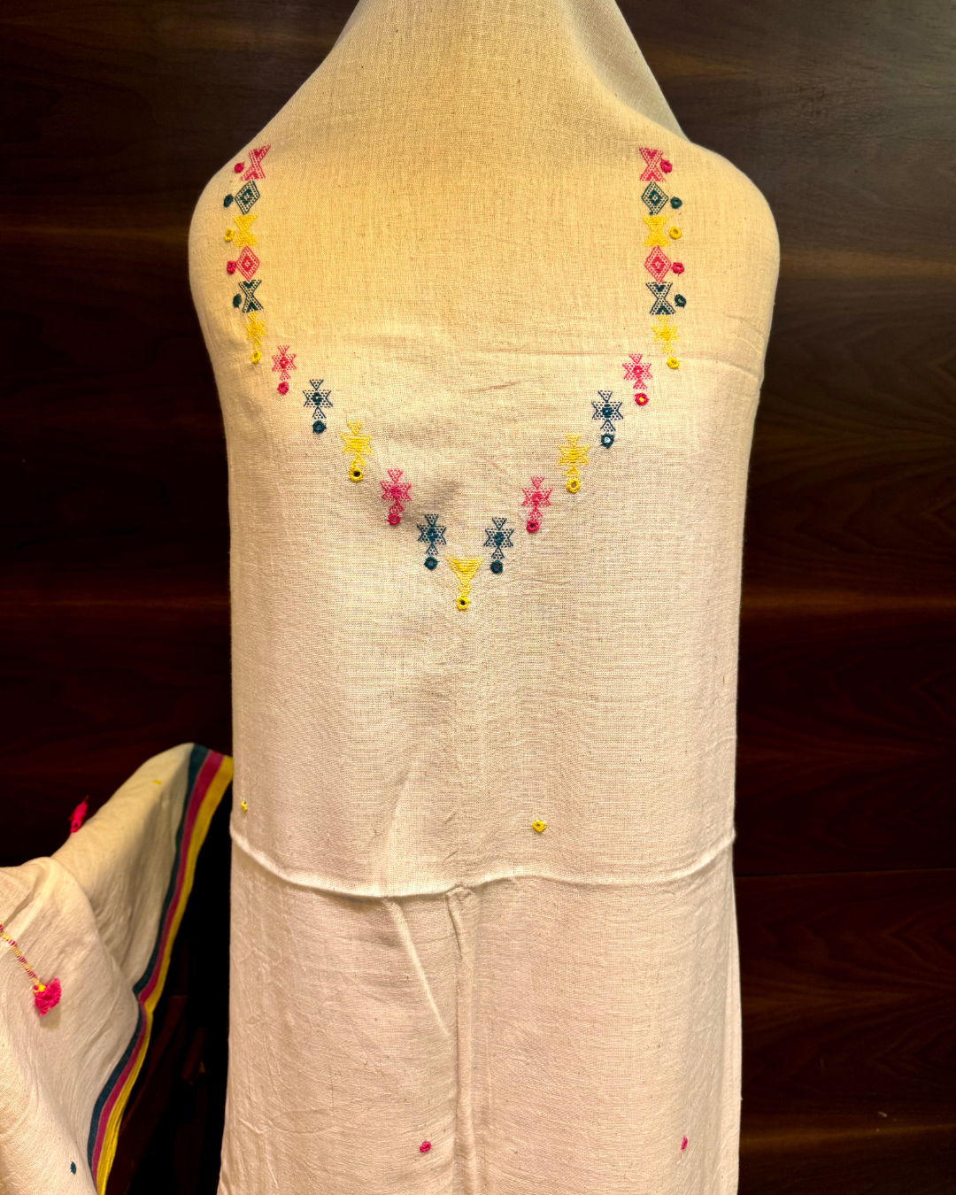 Kala Cotton Unstitched Dress Material Set with Golden Border Dupatta
