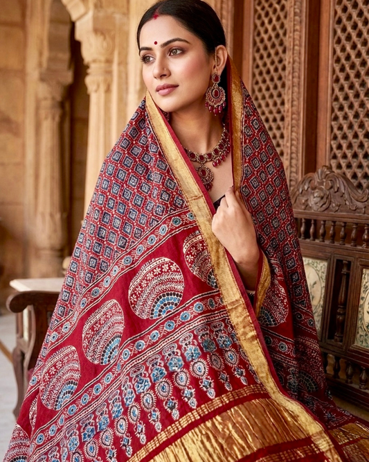 Pure Modal Silk Hand Dyed Ajrakh Block Print Dupatta with Lagdi Patta
