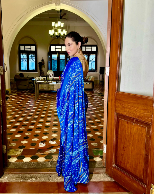 Royal Blue Crepe Silk Bandhani Saree