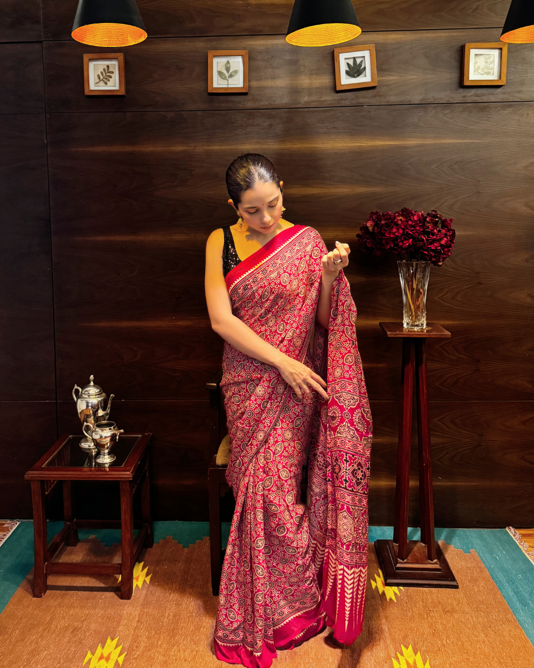 Ajrakh Block Printed Cotton Silk Saree