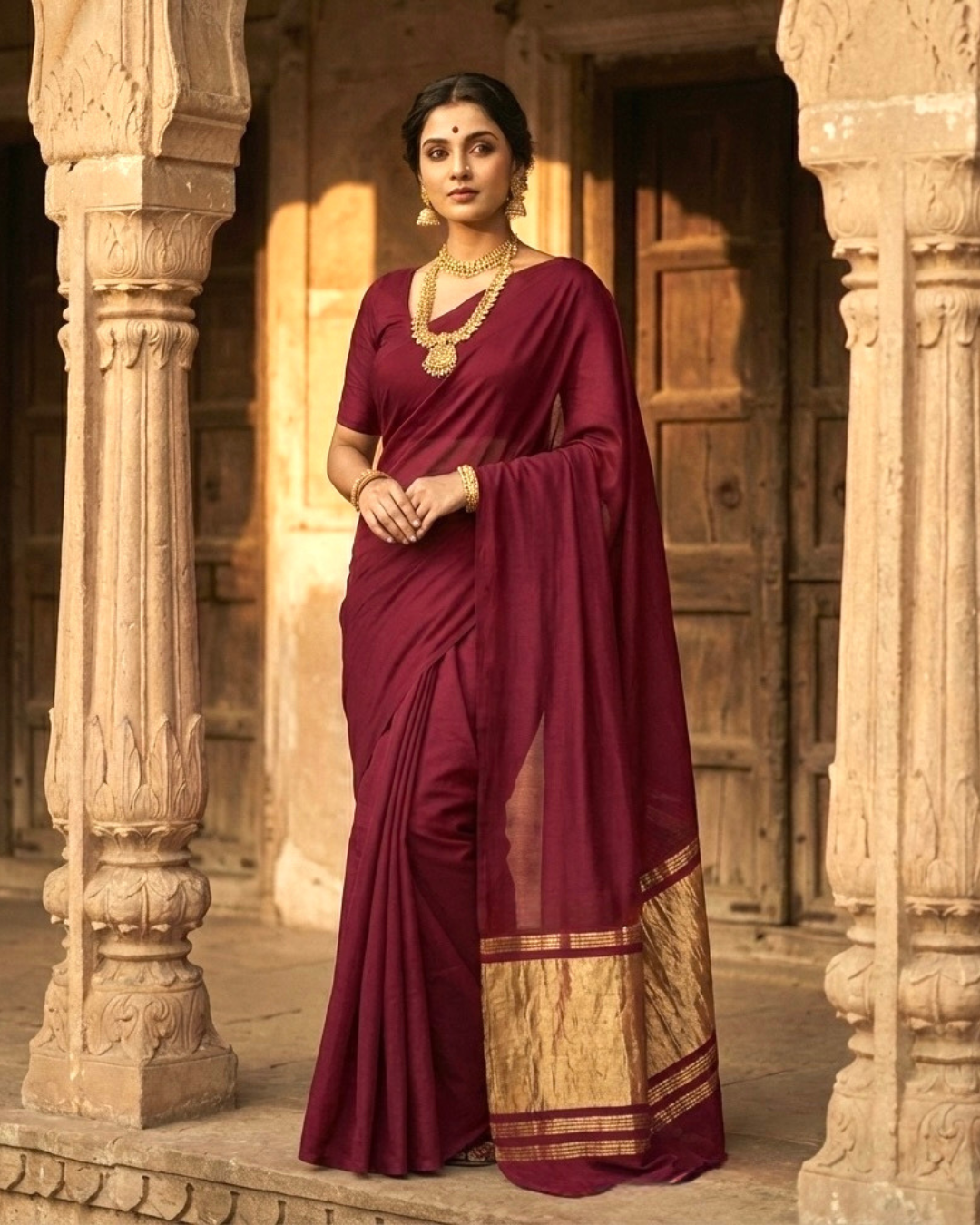 Pure Modal Silk Plain Maroon Saree with Lagdi Patta