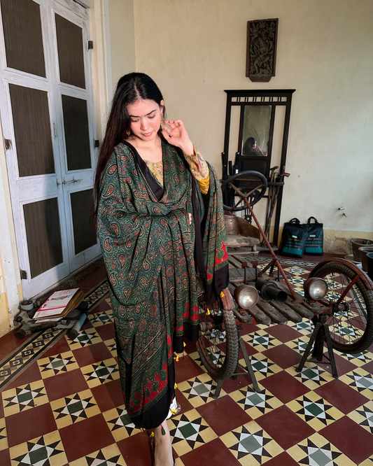Emerald & Red Ajrakh Gajji Silk Handblock Dupatta