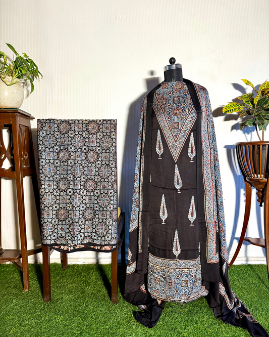 Black & Blue Ajrakh Unstitched Gajji Silk Dress Material Set