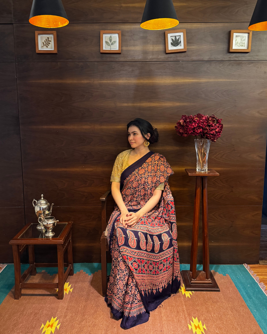Ajrakh Block Printed Maroon and Navy Blue Modal Silk Saree