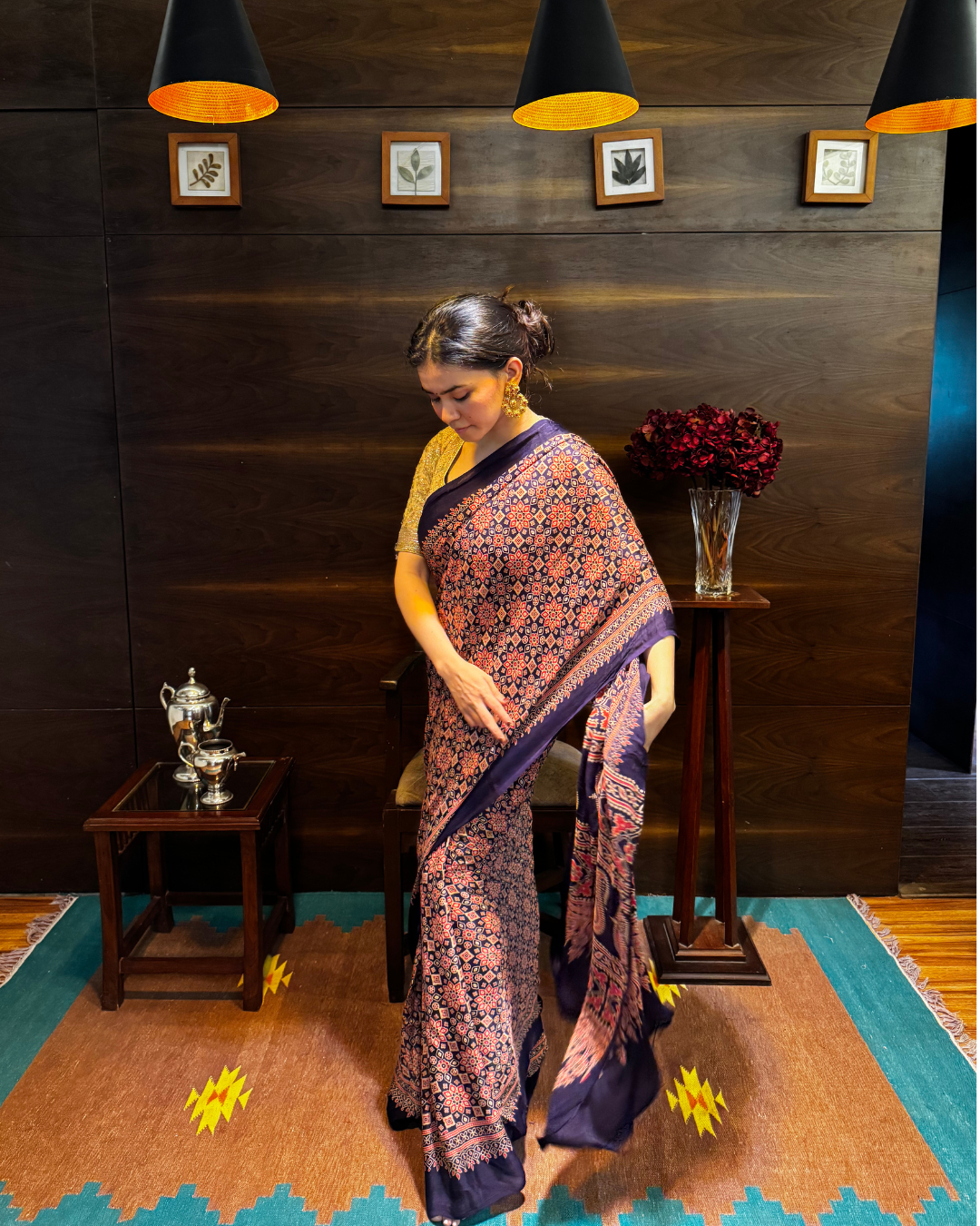 Ajrakh Block Printed Maroon and Navy Blue Modal Silk Saree