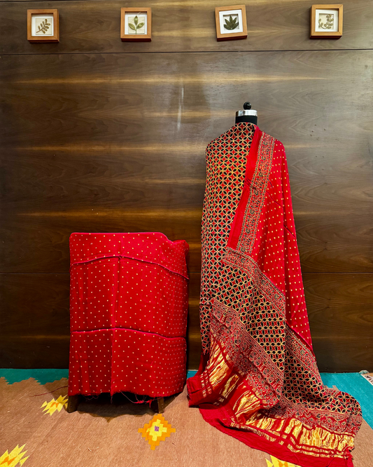 Pure Red Ajrakh Unstitched Modal Silk Dress Material Set with Lagdi Patti Dupatta
