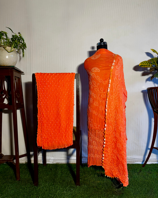 Bright Orange Bandhani Unstitched Crepe Silk Dress Material Set