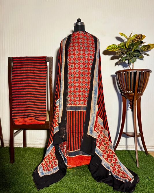 Dark Red and Black Ajrakh Unstitched Gajji Silk Dress Material Set