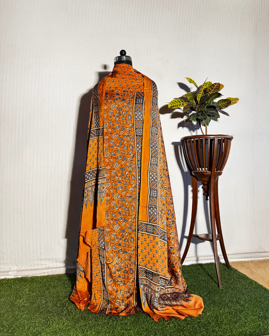 Orange & Grey Ajrakh Unstitched Gajji Silk Dress Material Set