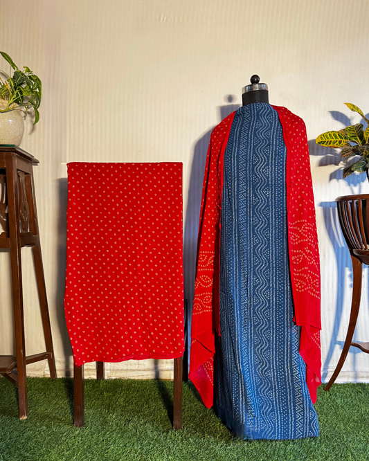 Red & Blue Bandhani Unstitched Cotton Dress Material Set