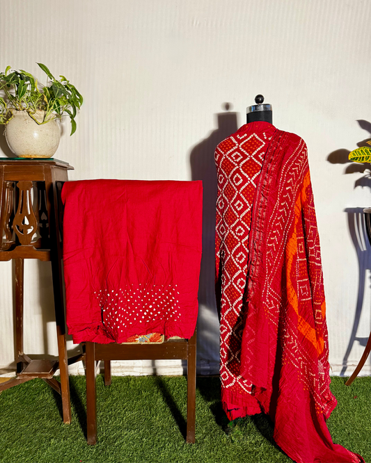 Red Bandhani Unstitched Cotton Dress Material Set