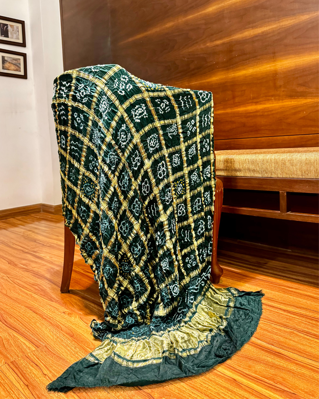 Green Bandhani Gajji Silk Dupatta with Lagdi Patta