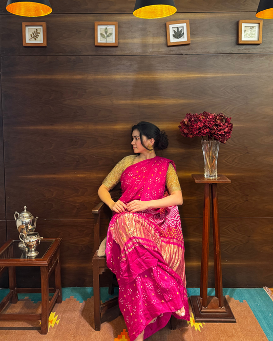 Pink Bandhani Pure Gajji Silk Saree with Lagdi Patta