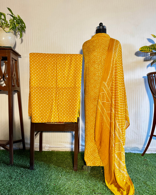 Yellow Bandhani Unstitched Cotton Dress Material Set